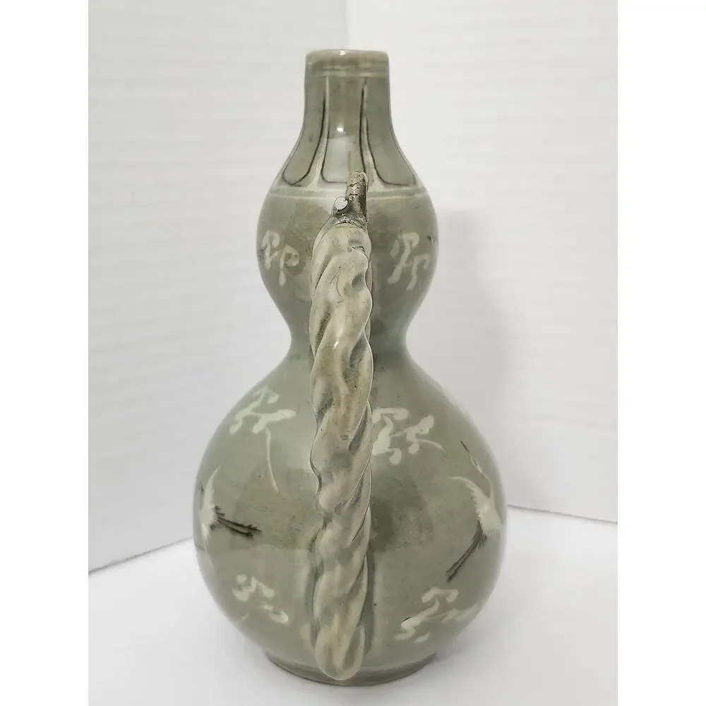 Vintage Korean Goryeo Style Celadon Ewer Crane Double Gourd Teapot Pitcher